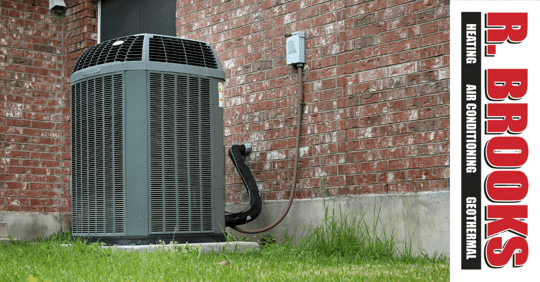 An AC condenser placed on a lawn next to a brick wall